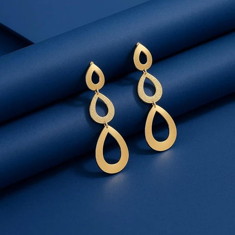 BRIA BY SAAR 925 Sterling Silver Gold-Plated Long Drop Earrings | Triple Teardrop Interlinked Dangle Design | Elegant Fine Jewellery for Parties & Weddings