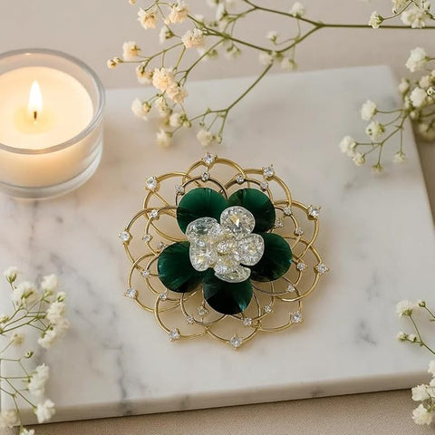 Swarovski Glass Green Crystal Flower Brooch with Golden Net Design & Sparkling Rhinestones – Elegant Party, Wedding, Festive & Formal Wear Pin for Women