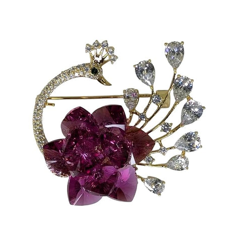 Sarwoski glass luxury Peacock Brooch with Pink Crystal Flower & Diamond-Style Stones – Elegant Golden Finish Jewelry Pin for Women’s Party, Wedding, Festive