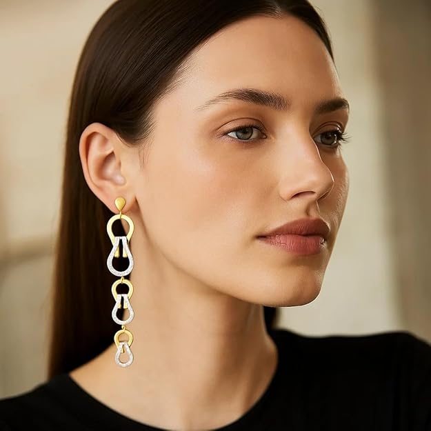 925 Sterling Silver Long Dangle Earrings for Women | Dual-Tone Gold & Silver Interlinked Teardrop Design | Elegant Contemporary Statement Accessory for Parties & Weddings(pair of 1)