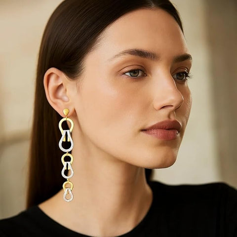 925 Sterling Silver Long Dangle Earrings for Women | Dual-Tone Gold & Silver Colour Interlinked Teardrop Design | Statement Party