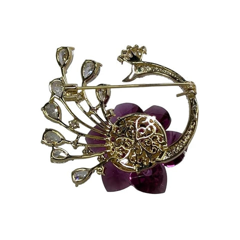 Sarwoski glass luxury Peacock Brooch with Pink Crystal Flower & Diamond-Style Stones – Elegant Golden Finish Jewelry Pin for Women’s Party, Wedding, Festive