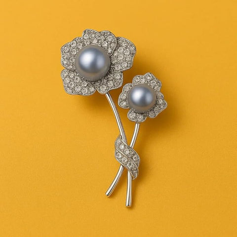 Luxury Silver Crystal Flower Brooch with Elegant Pearl Center – Sparkling Rhinestone Floral Pin for Party, Wedding, Formal for Women