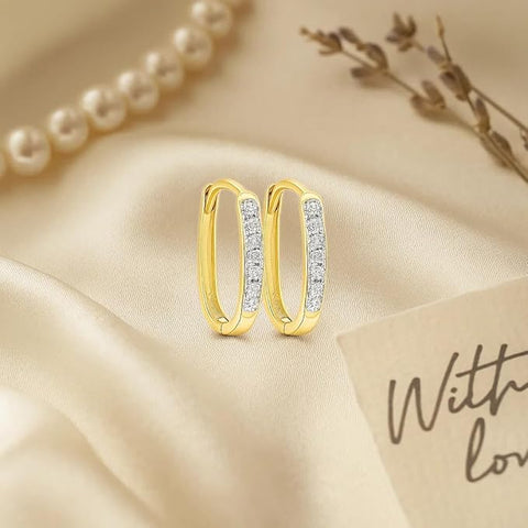 BRIA BY SAAR 925 Sterling Silver Gold-Plated Huggie Hoop Earrings for Women | Classic CZ Stone Studded Small Hoops | Elegant Daily Wear & Festive Fine Jewellery