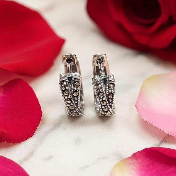 925 Sterling Silver Marcasite Hoop Earrings for Women and Girls | Vintage-Inspired Antique Silver Hoops | Elegant Daily and Festive Wear Fine Jewellery | Hypoallergenic and Skin-Friendly(pair of 1)