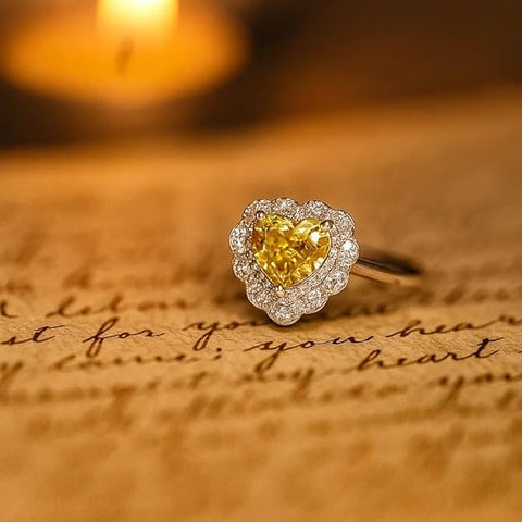 BRIA BY SAAR 925 Sterling Silver Yellow Zircon Heart Cocktail Ring for Women and Girls | Adjustable Designer Sparkling Halo Ring | Modern and Ethnic Fine Jewellery Gift | Hypoallergenic