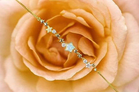 BRIA BY SAAR 925 Sterling Silver Adjustable Star Charm Bracelet for Women and Girls | Elegant Gold-Plated Celestial Design with Sparkling White Crystals | Minimalist Fine Jewellery Gift