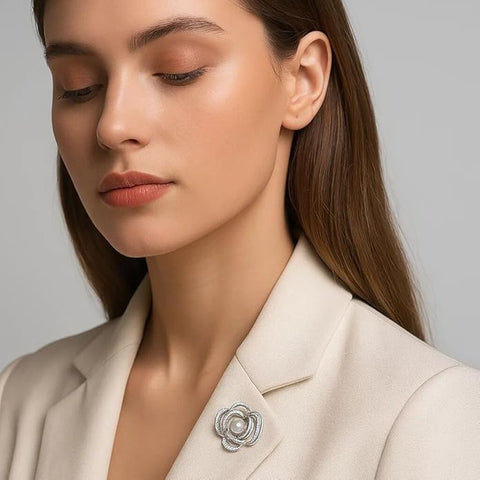 Bria By Saar Designer Crystal Floral Brooch with Central Pearl & Diamond-Style Accents – Stylish Silver Plated Pin for Sarees, Gowns, Blazers & Handbags