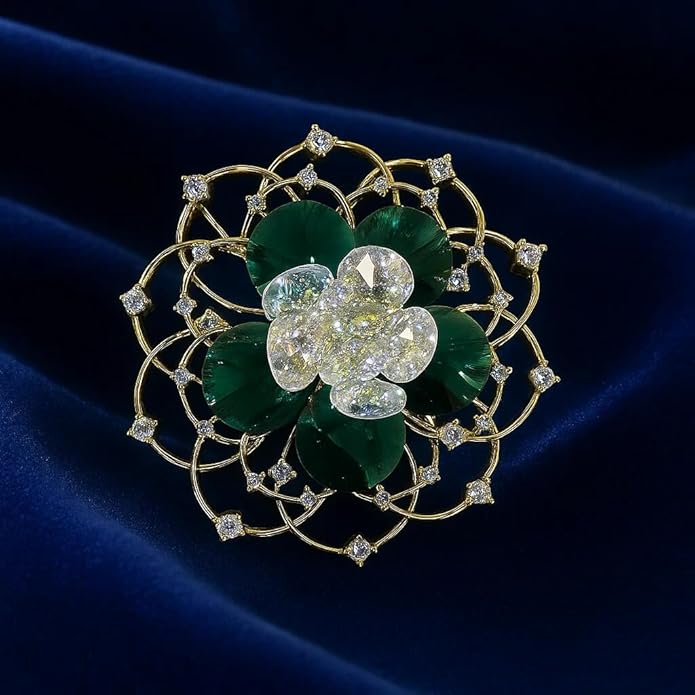 Swarovski Glass Green Crystal Flower Brooch with Golden Net Design & Sparkling Rhinestones – Elegant Party, Wedding, Festive & Formal Wear Pin for Women