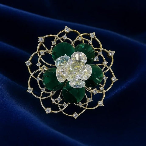 Swarovski Glass Green Crystal Flower Brooch with Golden Net Design & Sparkling Rhinestones – Elegant Party, Wedding, Festive & Formal Wear Pin for Women