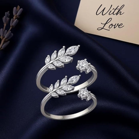 BRIA BY SAAR 925 Sterling Silver Adjustable Leaf & Flower Ring/Toe Ring with Sparkling CZ Stones – Elegant Versatile Jewellery for Women & Girls (1 Pair)