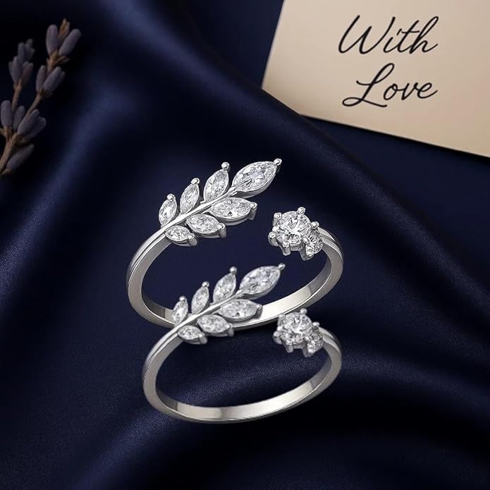BRIA BY SAAR 925 Sterling Silver Adjustable Leaf & Flower Ring/Toe Ring with Sparkling CZ Stones for Women & Girls | Versatile Dual-Use Fine Jewellery (1 Pair)