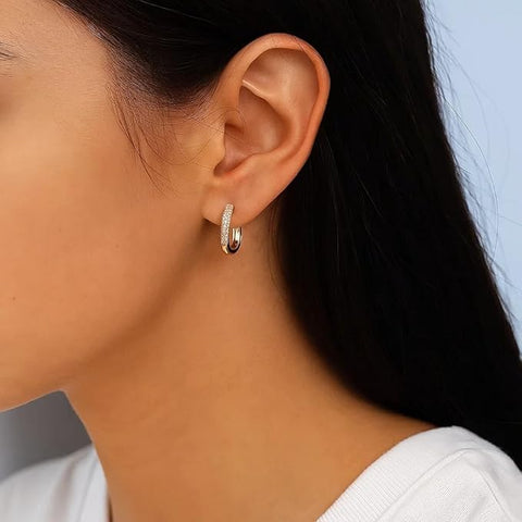BRIA BY SAAR 925 Sterling Silver Gold-Plated Huggie Hoop Earrings for Women | Classic CZ Stone Studded Small Hoops | Elegant Daily Wear & Festive Fine Jewellery