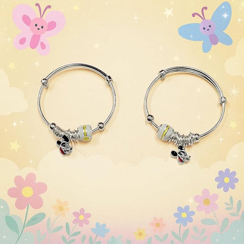BRIA BY SAAR 925 Sterling Silver Adjustable Kids Bangles with Mickey Mouse Charm | Safe & Hypoallergenic Jewelry for Infants & Toddlers (0–5 Years) | Pair of 2 Lightweight Silver Kada for Birthdays & Naming Ceremonies