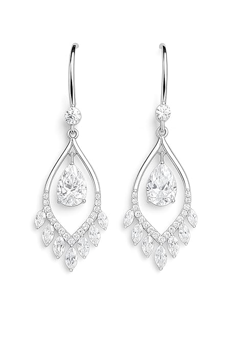BRIA BY SAAR 925 Sterling Silver Teardrop CZ Dangle Earrings for Women | Elegant Marquise-Cut Accents with Halo Drop Design | Luxury Wedding, Bridal and Party Fine Jewellery | Hypoallergenic