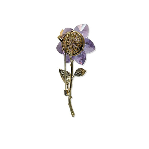 Luxury Swarovski Glass Flower Brooch with Purple Crystal Petals & Golden Stem – Elegant Rhinestone Leaf Jewelry Pin for Women’s Party, Wedding, Festive & Formal Wear