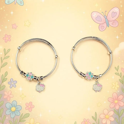 BRIA BY SAAR 925 Sterling Silver Kids Bangles | Cute Kitty & Multicolor Flower Charms | Safe & Adjustable Nazaria for Babies and Toddlers (Ages 0–5 Years) | 1 Pair (Set of 2)