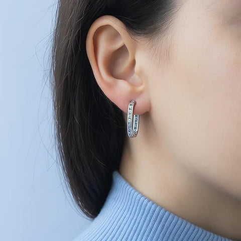 BRIA BY SAAR 925 Sterling Silver Channel-Set CZ Hoop Earrings for Women and Girls | Classic Huggie Design | Elegant Daily and Party Wear Fine Jewellery | Hypoallergenic and Skin-Friendly