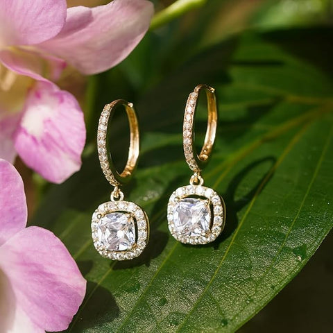 925 Sterling Silver Gold-Plated Drop Earrings for Women | Round CZ Halo Dangle with Pave Hoop Design | Elegant Wedding & Party Jewellery