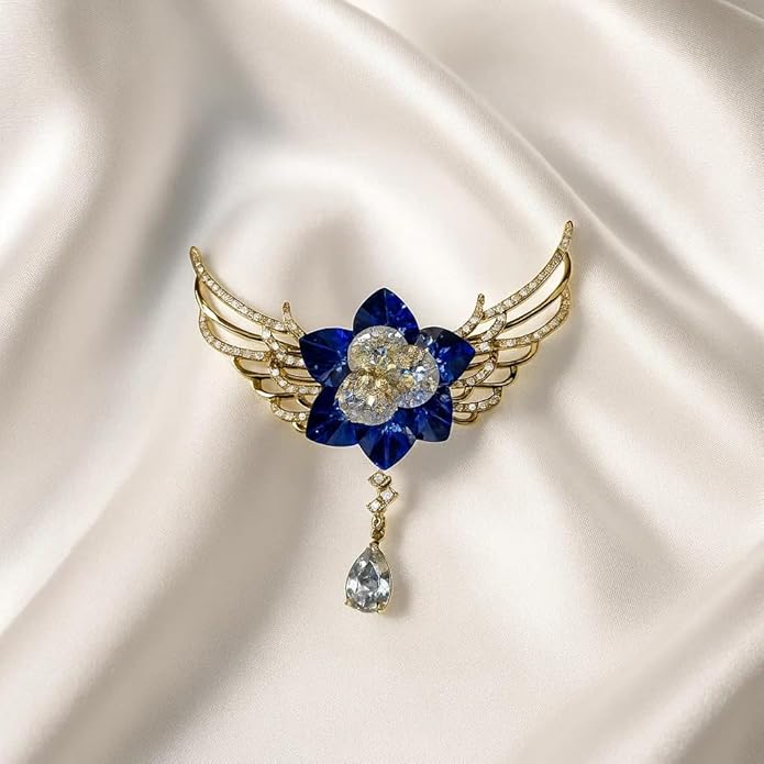 BRIA BY SAAR Blue Crystal Flower Brooch | Elegant Golden Wing Design with Dangling Teardrop Stone | Statement Fine Jewellery for Parties, Weddings & Festive Occasions