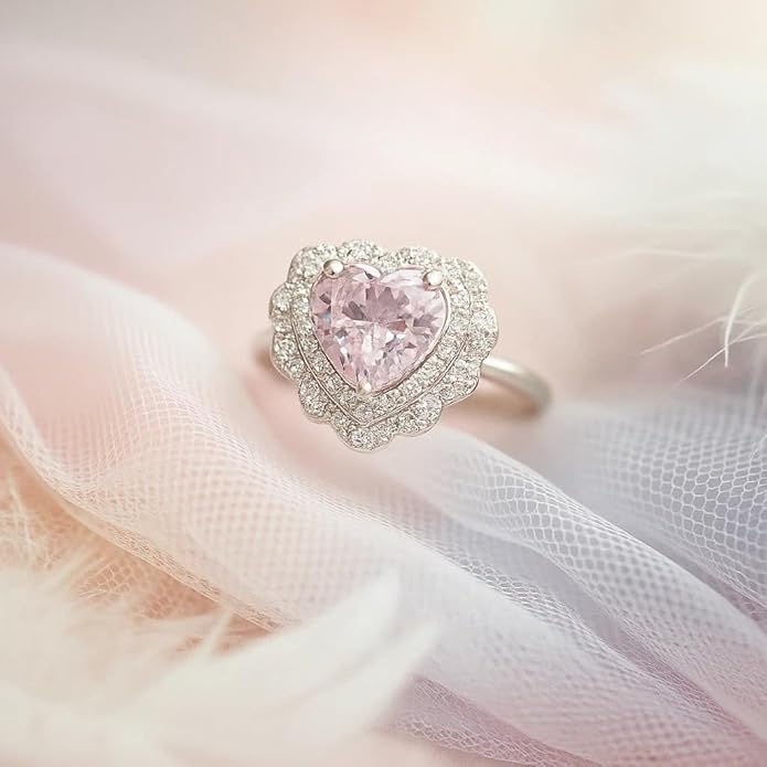 925 sterling silver heart design adjustable ring for women & girls | sparkling pink stone with diamond-cut halo | love & elegance