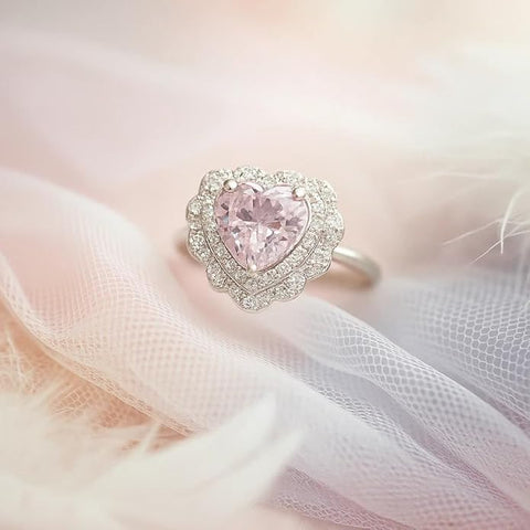BRIA BY SAAR 925 sterling silver heart design adjustable ring for women & girls | sparkling pink stone with diamond-cut halo | love & elegance