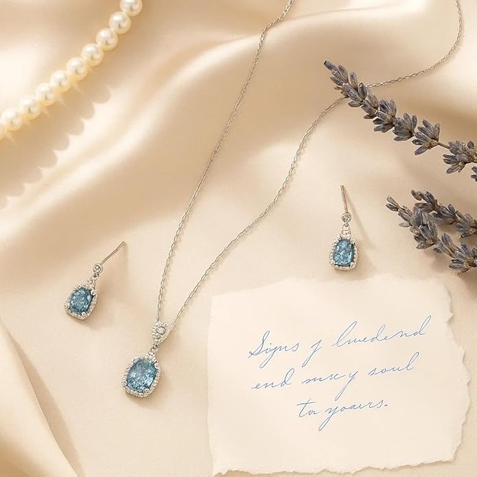 BRIA BY SAAR 925 Sterling Silver Turquise color Necklace Set aquamarine halo Necklace set with matching pendant and earrings – elegant crystal-accented design for women and girls