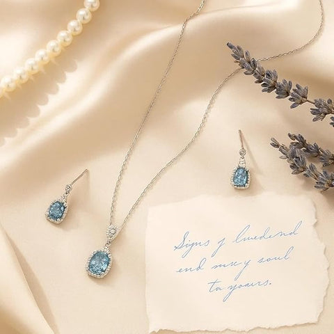 BRIA BY SAAR 925 Sterling Silver Turquise color Necklace Set aquamarine halo Necklace set with matching pendant and earrings – elegant crystal-accented design for women and girls
