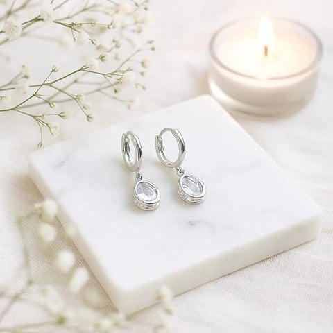 BRIA BY SAAR 925 Sterling Silver Hoop Earrings for Women | Elegant Teardrop Crystal Dangle Design | Classic Lightweight Jewellery for Daily Wear, Parties & Gifting