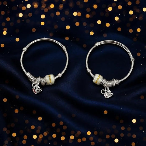 BRIA BY SAAR 925 Sterling Silver Adjustable Kids Bangles with Mickey Mouse Charm | Safe & Hypoallergenic Jewelry for Infants & Toddlers (0–5 Years) | Pair of 2 Lightweight Silver Kada for Birthdays & Naming Ceremonies