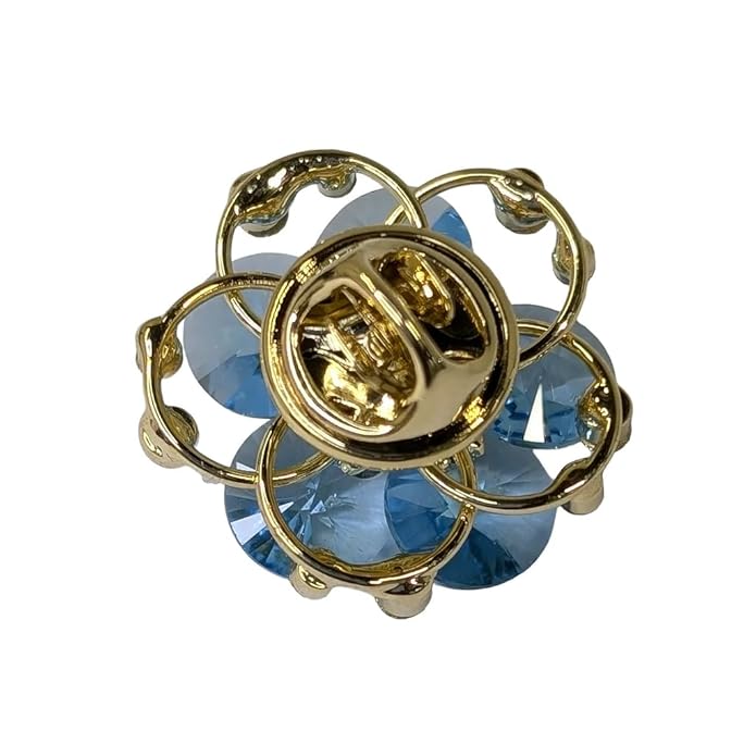 Swarovski Glass Flower Brooch with Blue Crystal Petals & Golden Finish – Elegant Rhinestone Accented Jewelry Pin for Women’s Party, Wedding, Festive & Formal Wear