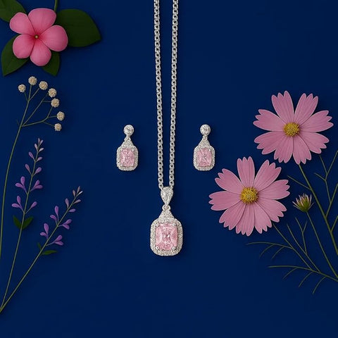 BRIA BY SAAR 925 Sterling Silver Pink Aquamarine Halo Necklace Set for Women | Romantic Pastel Gemstone Pendant & Matching Earrings | Sparkling Crystal Halo Fine Jewellery | Luxury Gift for Weddings & Anniversaries