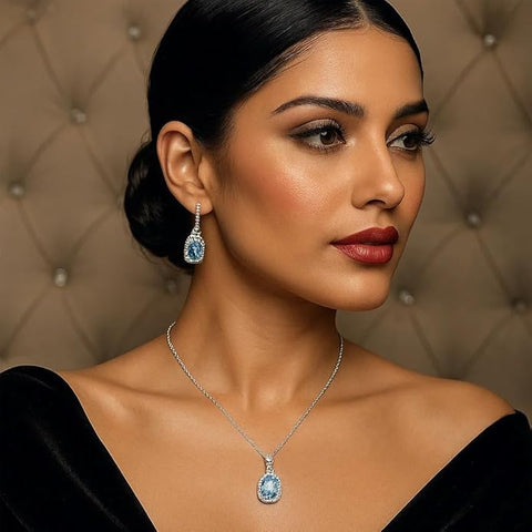 BRIA BY SAAR 925 Sterling Silver Turquoise Aquamarine Halo Necklace Set for Women | Elegant Crystal-Accented Pendant & Matching Earrings | Luxury Fine Jewellery Gift for Weddings & Festive Occasions