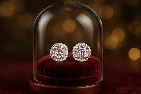 BRIA BY SAAR 925 Sterling Silver Gold-Plated Pink Cushion-Cut Stud Earrings for Women | Radiant CZ Halo Design | Luxury Wedding, Bridal & Festive Party Fine Jewellery