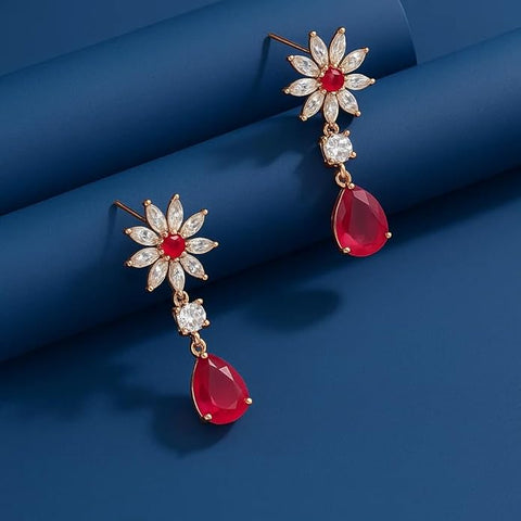BRIA BY SAAR 925 Sterling Silver Ruby Floral Drop Earrings | Red Teardrop & CZ Stone Design | Elegant Party & Wedding Jewellery