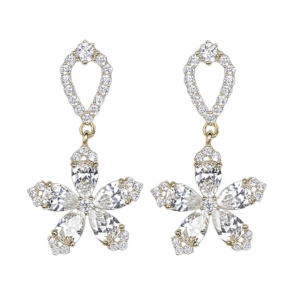 BRIA BY SAAR Luxury Floral Petal Drop Earrings in 925 Sterling Silver | 18K Gold-Plated Designer Wedding Earrings with Brilliant Cubic Zirconia Stones | Elegant Gift for Anniversaries & Special Occasions