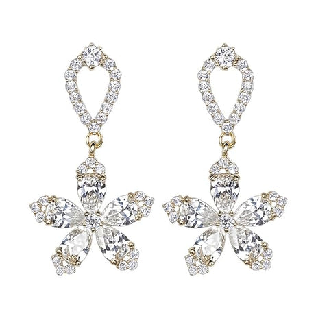 BRIA BY SAAR Luxury Floral Petal Drop Earrings in 925 Sterling Silver | 18K Gold-Plated Designer Wedding Earrings with Brilliant Cubic Zirconia Stones | Elegant Gift for Anniversaries & Special Occasions