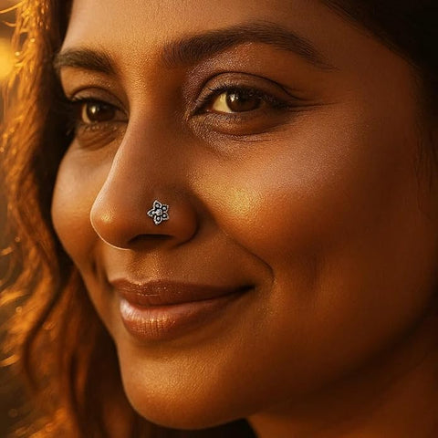 BRIA BY SAAR 925 Sterling Silver Oxidised Floral Nose Pin for Women and Girls | Antique Star Flower Design | Handcrafted Ethnic Tribal Nose Stud | Hypoallergenic Fine Jewellery