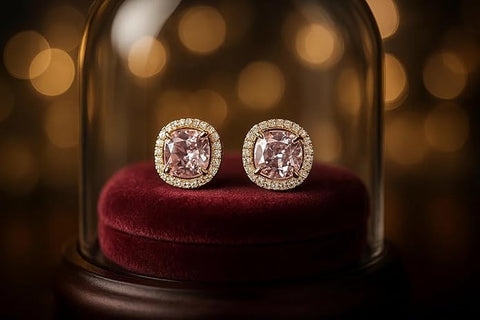 BRIA BY SAAR 925 Sterling Silver Gold-Plated Pink Cushion-Cut Stud Earrings for Women | Radiant CZ Halo Design | Luxury Wedding, Bridal & Festive Party Fine Jewellery