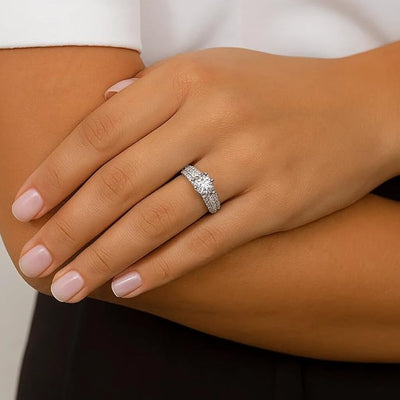 Elegant Silver Couple Ring Set | Pave Band with Solitaire Cubic Zirconia Centerpiece | Stylish & Timeless Symbol of Love