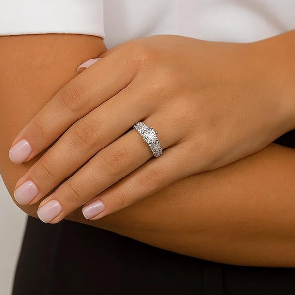 Elegant Silver Couple Ring Set | Pave Band with Solitaire Cubic Zirconia Centerpiece | Stylish & Timeless Symbol of Love