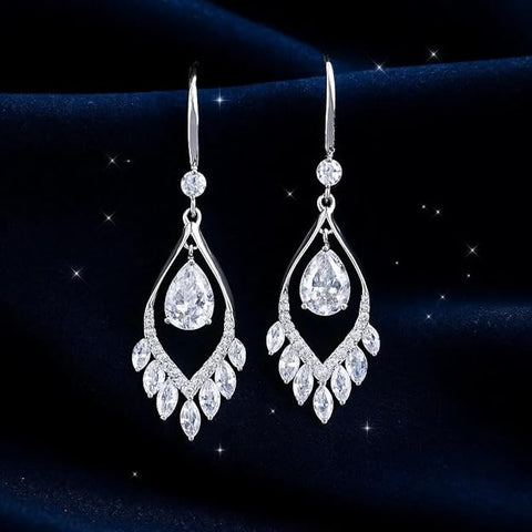 BRIA BY SAAR 925 Sterling Silver Teardrop CZ Dangle Earrings for Women | Elegant Marquise-Cut Accents with Halo Drop Design | Luxury Wedding, Bridal and Party Fine Jewellery | Hypoallergenic