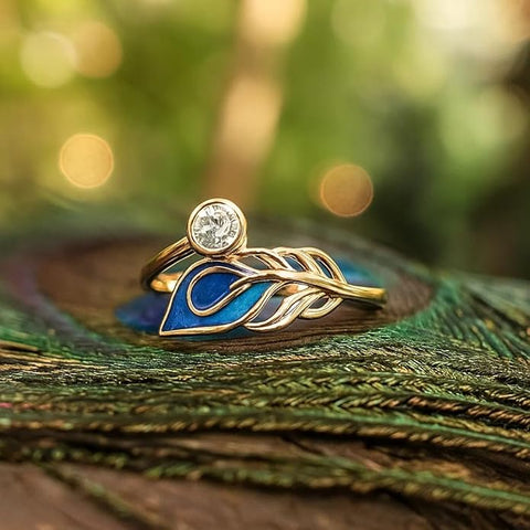 BRIA BY SAAR 925 Sterling Silver Copper Plated Peacock Feather Ring with Blue Enamel & Sparkling Stone – Elegant Gift for Women, Girls, Mother & Sister