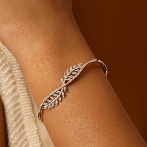 925 Silver Jewellery Elegant Leaf Vine Bangle For Women & Girls | Sparkling Cubic Zirconia Accents | Stylish Non-Tarnish Pure Silver Wristwear | Modern Luxury Everyday Accessory Ask questions and search reviews