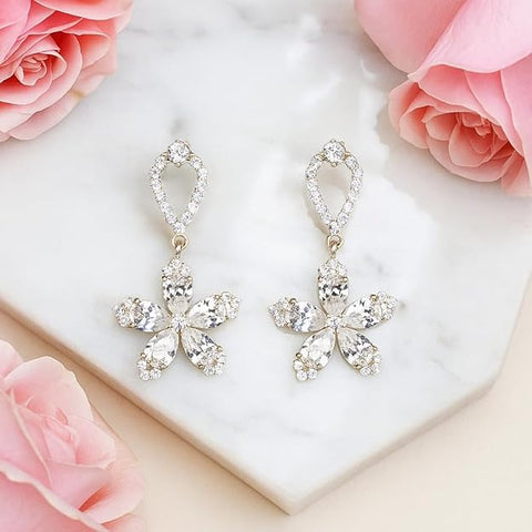 BRIA BY SAAR Luxury Floral Petal Drop Earrings in 925 Sterling Silver | 18K Gold-Plated Designer Wedding Earrings with Brilliant Cubic Zirconia Stones | Elegant Gift for Anniversaries & Special Occasions