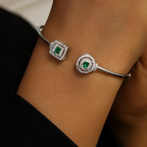925 Silver Bracelet For Women & Girls | Elegant Open Cuff Design With Green Stone Accents | Stylish Pure Silver Wristwear Jewelry