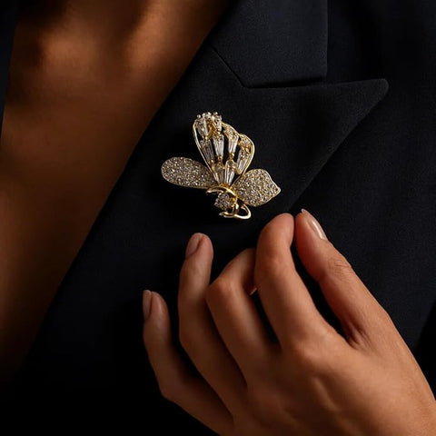 Golden Butterfly Brooch with Sparkling White Crystals – Elegant Designer Insect Pin for Women’s Party, Wedding, Festive & Formal Wear