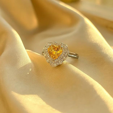 BRIA BY SAAR 925 Sterling Silver Yellow Zircon Heart Cocktail Ring for Women and Girls | Adjustable Designer Sparkling Halo Ring | Modern and Ethnic Fine Jewellery Gift | Hypoallergenic