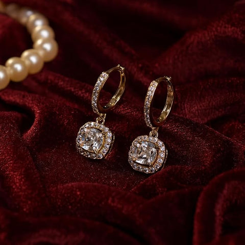 925 Sterling Silver Gold-Plated Drop Earrings for Women | Round CZ Halo Dangle with Pave Hoop Design | Elegant Wedding & Party Jewellery