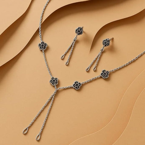 925 Sterling Silver Marcasite Stone Necklace Set for Women & Girls | Elegant Silver Jewelry with Matching Earrings | Stylish Party, Festive & Traditional Accessory | Perfect for Anniversaries, Birthdays & Special Celebration